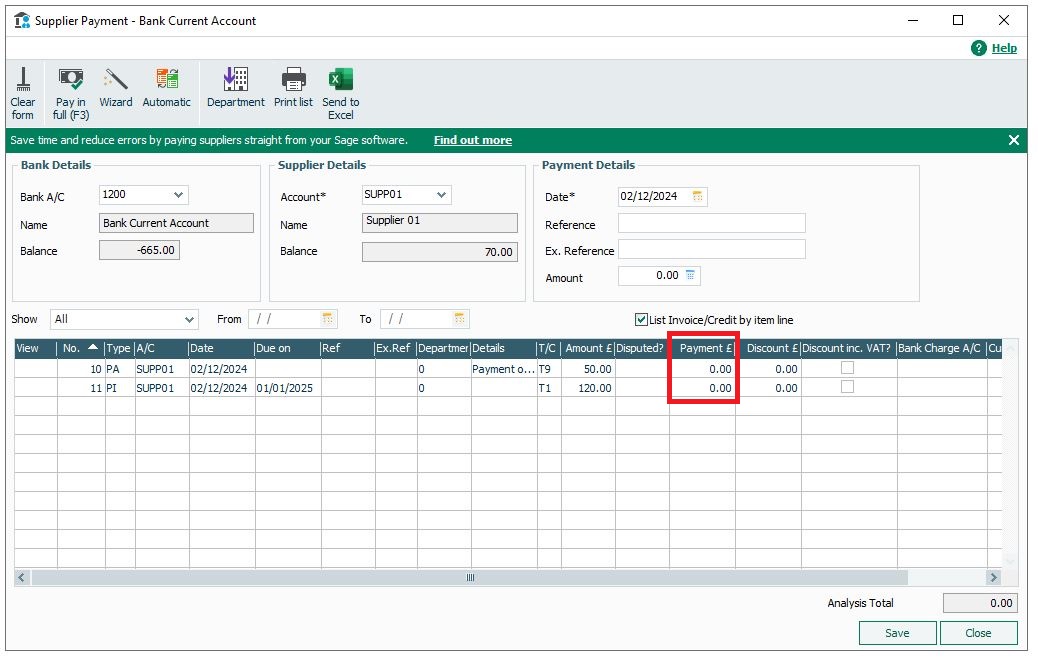 Supplier Payment window with PI and PA transactions and the Payment fields highlighted.