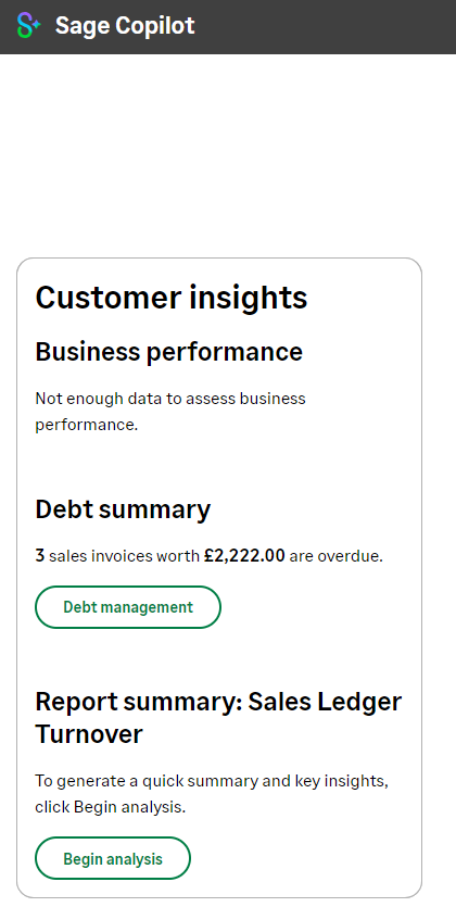 Customer insights window with Debt summary and Report summary sections.