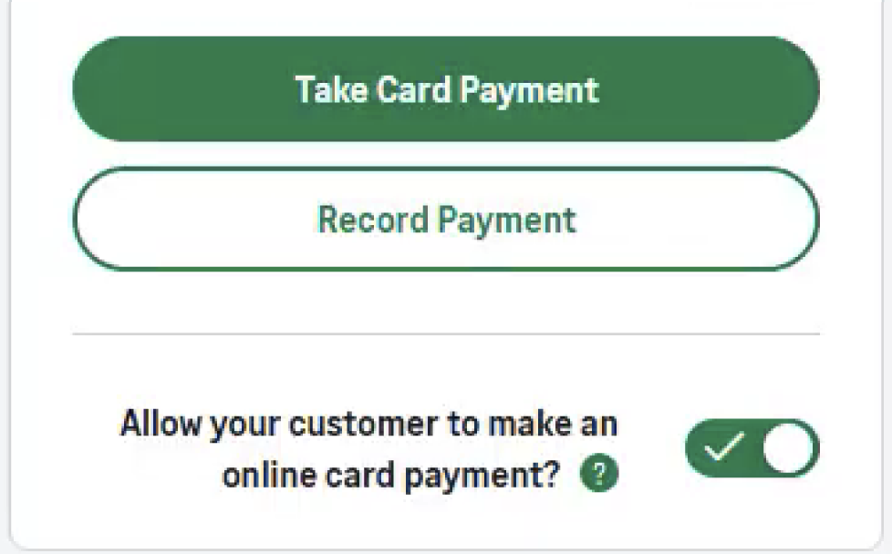 Toggle option to allow customers to make an online card payment on invoices.