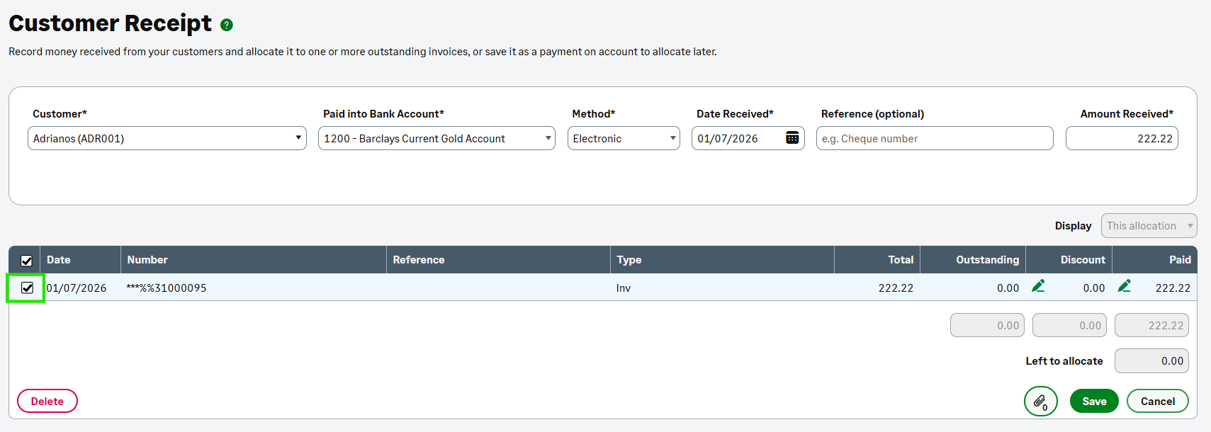 Screenshot highlighting the checkbox on a customer receipt.
