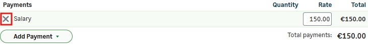 Edit Pay window showing a payment entry with the X icon for removing the payment